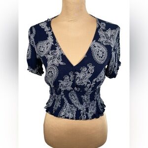 Paper Crane Classic Navy Paisley Print Flutter Sleeve Blouse Size Small